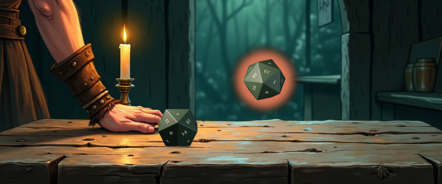 A weathered wooden tavern table lit by candlelight: an adventurer's bracered hand rests beside a settled forest-green d20 showing 7 on its top face, while a second d20 tumbles in mid-air with a warm focal halo around it.