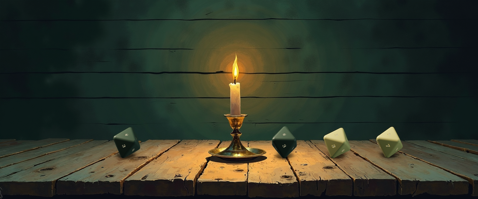 A candlelit tavern table with a single brass candlestick centered between two settled dice clusters. The left cluster is one forest-green d8 showing 8 on top — the base longsword swing, 1d8 slashing. The right cluster is one forest-green d8 showing 8 plus two cream-gold d8s showing 5 and 6 on top — the same swing with a 1st-level Divine Smite, 1d8 slashing plus 2d8 radiant. Same die type, three times the dice budget when a spell slot is spent.