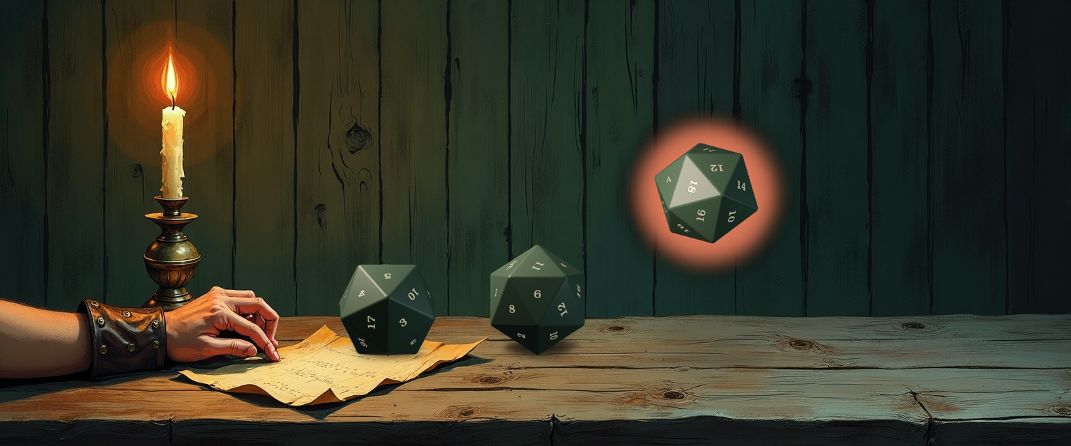A weathered wooden tavern table lit by candlelight: an adventurer's bracered hand reaches toward a folded slip of inked parchment beside a brass candlestick, two settled forest-green d20s sit on the wood showing 5 and 11, and a third d20 tumbles airborne to the right wrapped in a warm focal halo — the keep-highest die still mid-flight.