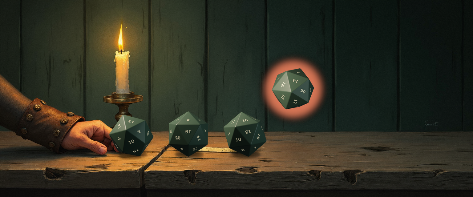 A candlelit tavern table reading left-to-right: an adventurer's bracered hand at the far left, a single brass candlestick with one warm flame, then a row of three settled forest-green d20s showing past-strike values 13, 8, and 16, and a fourth d20 tumbling mid-air to the right with a warm focal halo around it — the next strike still in question.
