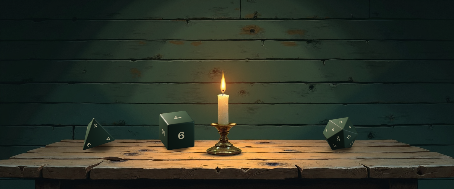 A candlelit tavern table with a single brass candlestick centered between three settled forest-green dice. On the left, a d4 tetrahedron with apex 2 — half a step below E[1d4] = 5/2. Just left of the candle, a d6 cube with 4 on top — half a step above E[1d6] = 7/2. To the right of the candle, a d20 icosahedron with 11 on its top face — half a step above E[1d20] = 21/2. Three different die types, each settled at a near-mean roll, walking the (M+1)/2 line across three face counts.