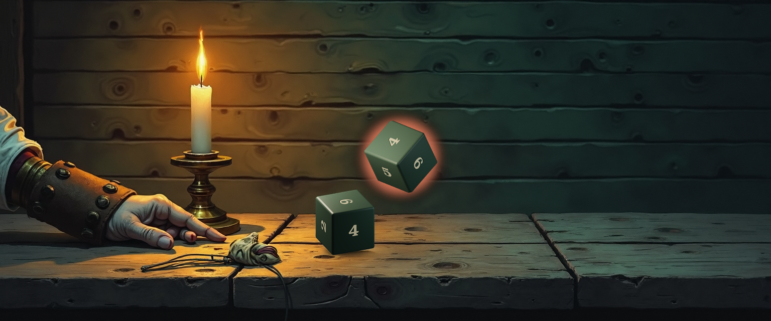 A candlelit tavern table reading left-to-right: an adventurer's bracered hand at the far left, an empty canvas dice pouch with drawstring trailing off the table edge, a settled forest-green d6 cube showing 6 on its top face (the explosion trigger), and a second d6 tumbling mid-air just above and to the right with a warm focal halo around it — the follow-up roll the explosion just spawned.