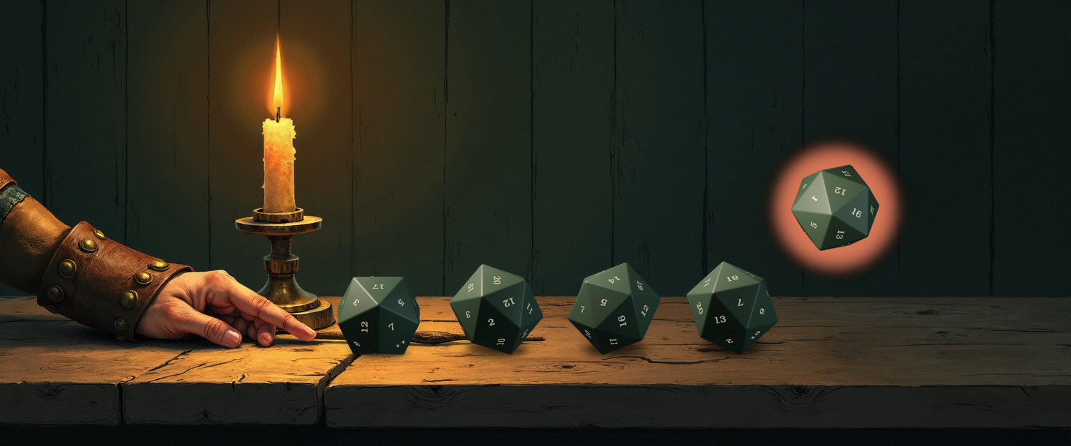 A candlelit tavern table reading left-to-right: an adventurer's bracered hand at the far left, a single brass candlestick with one warm flame, then a row of four settled forest-green d20s showing high party-DPR strike values 17, 20, 14, and 19, and a fifth d20 tumbling mid-air to the right with a warm focal halo around it — the next swing in the long boss fight still in question.