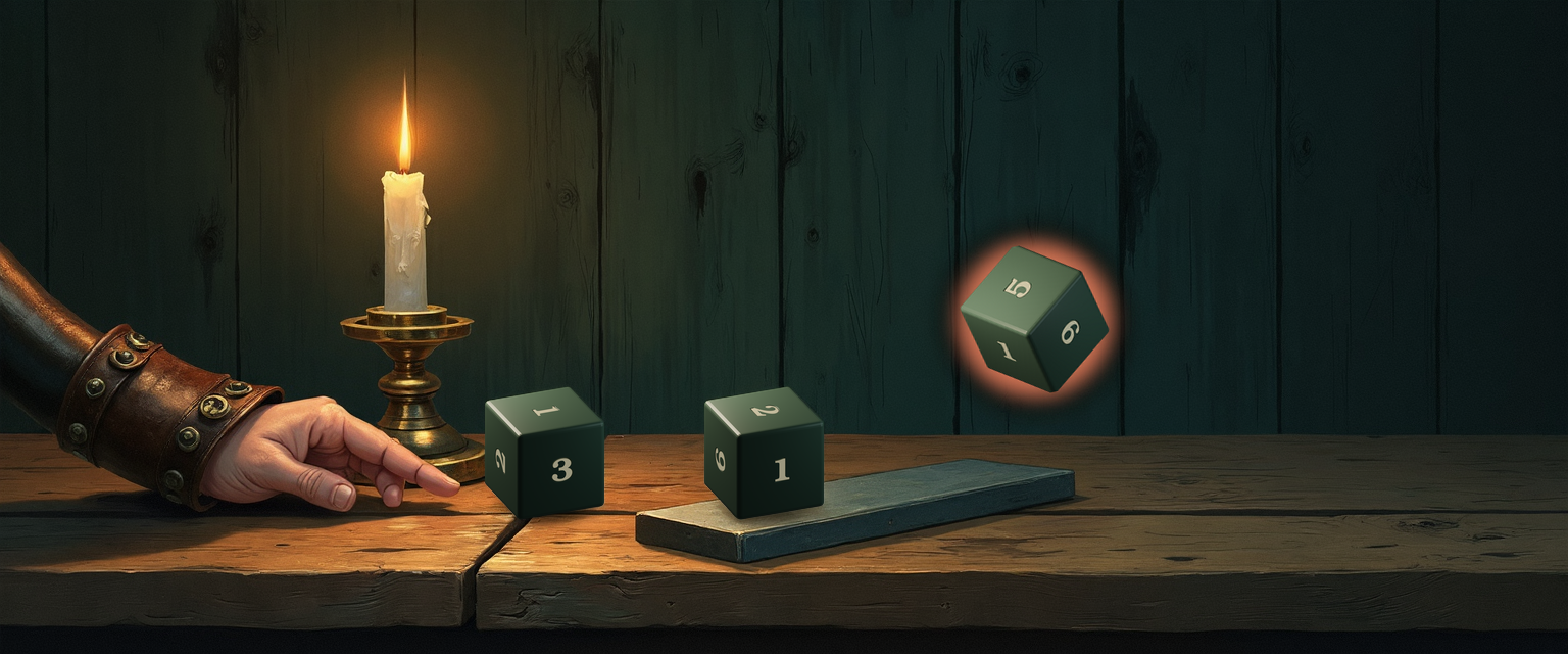 A candlelit tavern table reading left-to-right: an adventurer's bracered hand at the far left, a single brass candlestick, two settled forest-green d6 cubes showing 1 and 2 — the values GWF rerolls — beside a flat dark-grey whetstone on the wood, and a third d6 tumbling mid-air to the right with a warm focal halo around it showing 5 — the new reroll value still in flight.