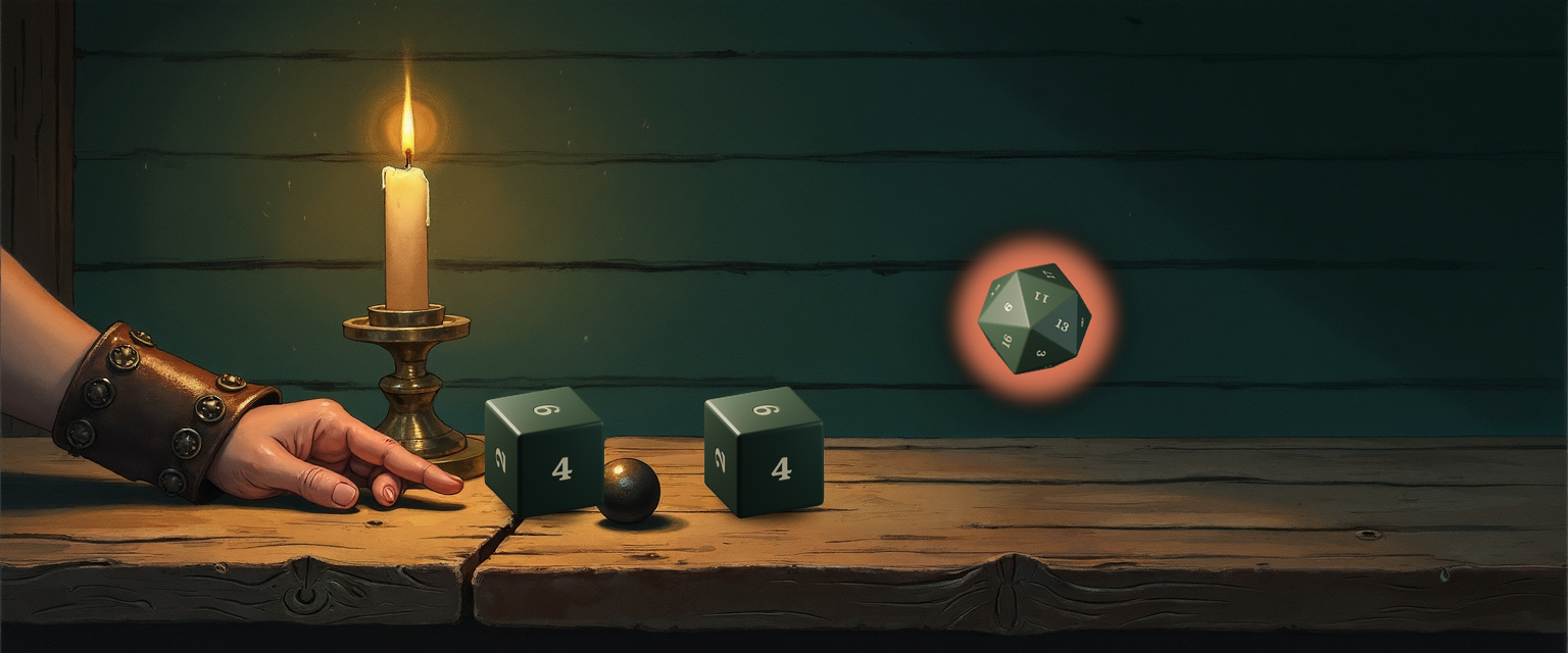 A candlelit tavern table reading left-to-right: an adventurer's bracered hand at the far left, a single brass candlestick, two settled forest-green d6 cubes both showing 6 — boxcars on a Greatsword damage roll — beside a small detached iron pommel-cap on the wood, and a single d20 tumbling mid-air to the right with a warm focal halo around it showing 11 — the GWM −5 to-hit attempt still in question.