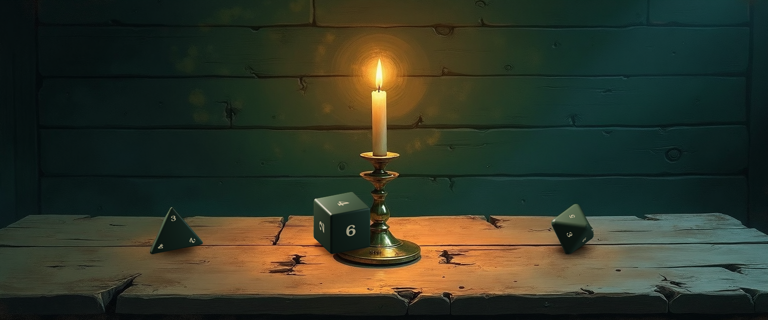 A candlelit tavern table with a single brass candlestick centered between three settled forest-green dice of three different types — a tetrahedron (d4) at the lower-left with 3 on its visible apex, a cube (d6) just left of the candle showing 4 on top, and an octahedron (d8) at the lower-right showing 5 on top. 3 + 4 + 5 = 12: three independent addends visualised side by side, each die a different shape so the sum reads as a heterogeneous convolution rather than a single repeated PMF.