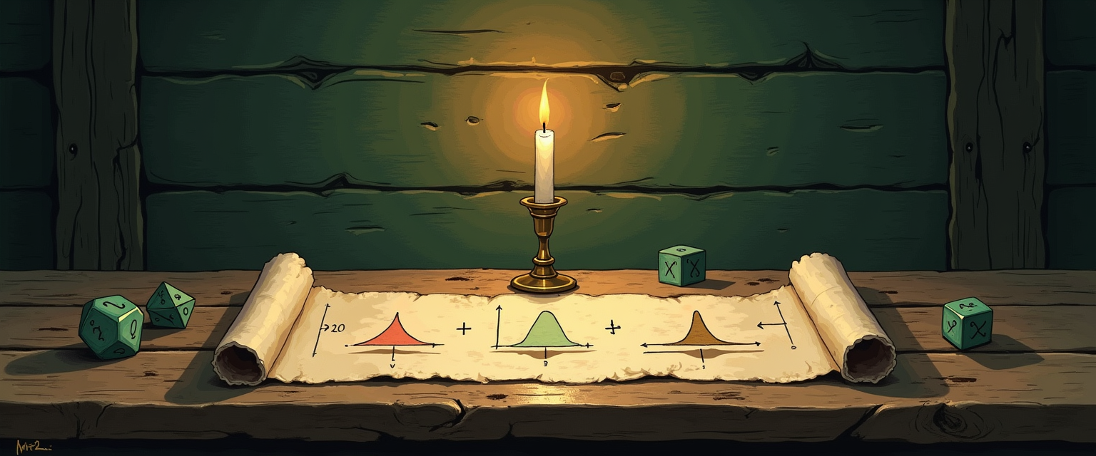 A worn wooden tavern tabletop with a single brass candlestick and warm-flamed candle centered behind an open hand-painted parchment scroll, the parchment laid flat and showing three small ink-painted distribution curves — a triangular ramp, a rounded bell, and a skewed exponential — flanked by a pair of forest-green polyhedral dice on each side. The math object itself, captured on parchment with dice as illustration. Same painted-tavern grammar as every concept pillar, here as the unifying hub for all 22 deep-dives.