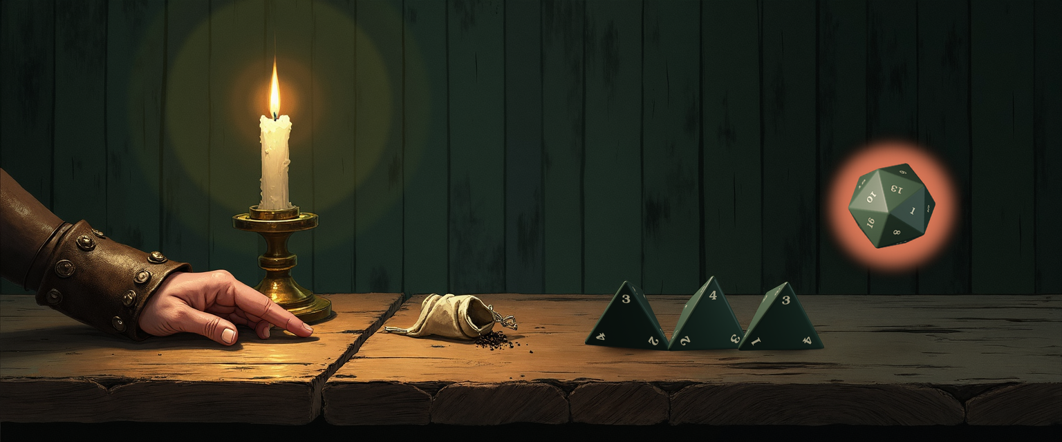 A candlelit tavern table reading left-to-right: a spellcaster's bracered hand at the far left, a single brass candlestick, three settled forest-green d4 tetrahedrons showing 3, 4, and 3 at their apex vertices — the Magic Missile 3d4+3 damage roll already locked in — beside a small open spell-component pouch with a few grains of dark powder spilled on the wood, and a single d20 tumbling mid-air to the right with a warm focal halo around it showing 13 — the Scorching Ray ray's to-hit attempt still in question.