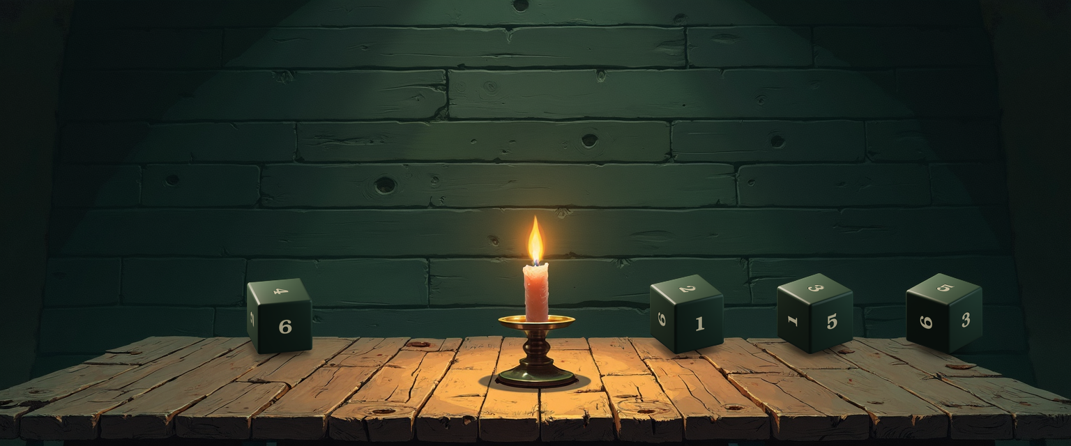 A candlelit tavern table with a single brass candlestick centered between two settled forest-green d6 clusters of unequal size. On the left of the candle, one lonely d6 cube showing 4 on top — one die alone IS the uniform 1d6 distribution, no bell shape possible from a single outcome. On the right of the candle, three d6 cubes clustered together showing 2, 3, and 5 on their tops — three dice is enough N for the sum to start looking mound-shaped, the central limit theorem already pulling on the distribution. The asymmetric one-versus-three split conveys the page's progression: as N grows, flat becomes bell.