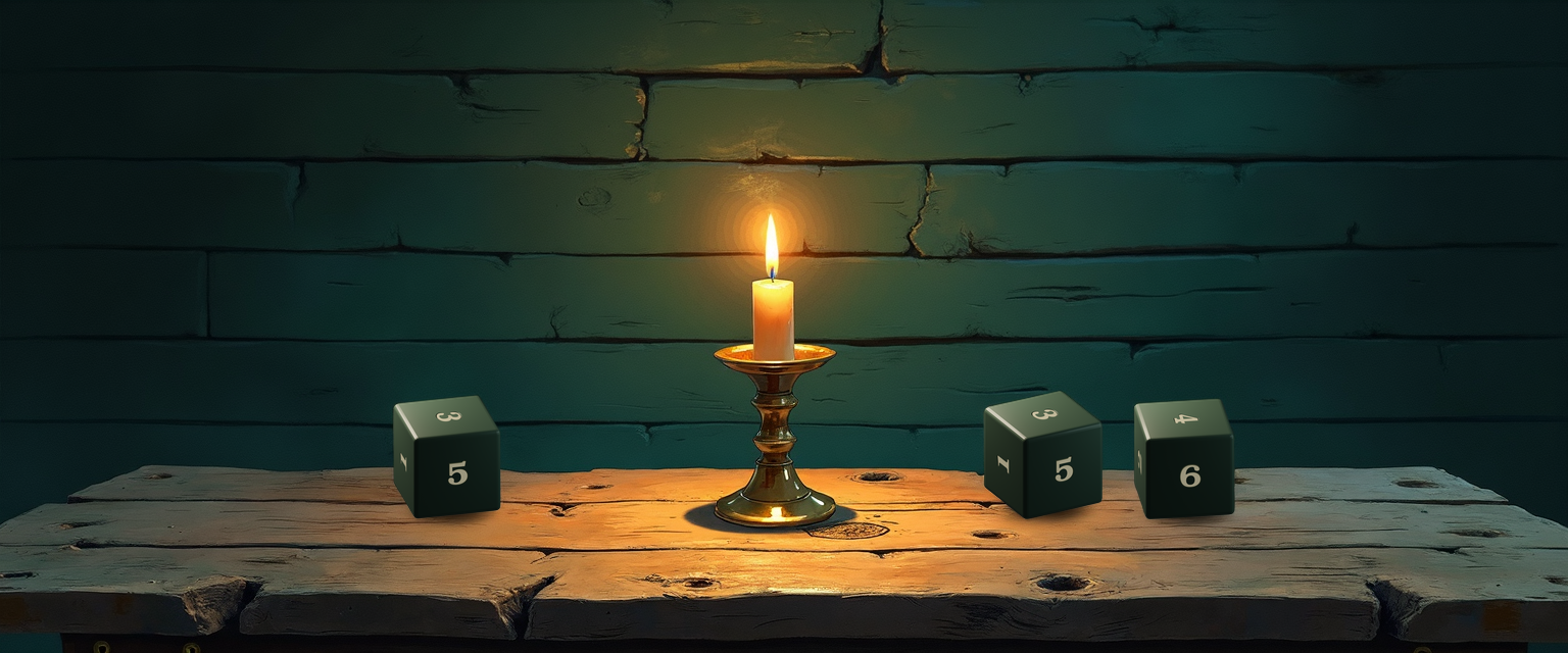 A candlelit tavern table with a single brass candlestick centered between two settled dice clusters of forest-green d6s. The left cluster is one die showing 3 on top — a representative roll from a flat 1d6 distribution. The right cluster is two dice showing 3 and 4 on top — the modal sum 7 of a tent-shaped 2d6 distribution. Adding one more die changes the shape from flat to tent.