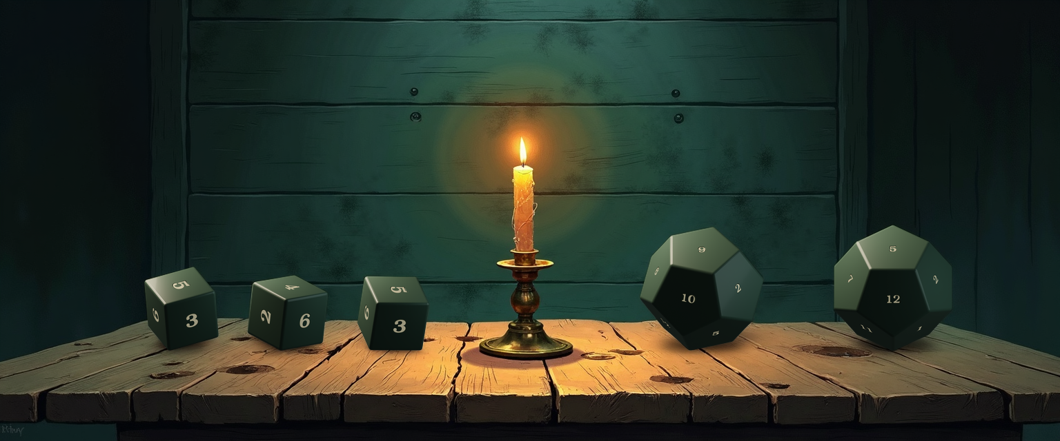 A candlelit tavern table with a single brass candlestick centered between two settled dice clusters. Three small forest-green d6 cubes on the left show 5, 4, and 5 on top — a 3d6 reliable cleave totaling 14 — and two big d12 dodecahedra on the right show 9 and 5 — a 2d12 nuke also totaling 14. Same expected damage, opposite distribution shapes.