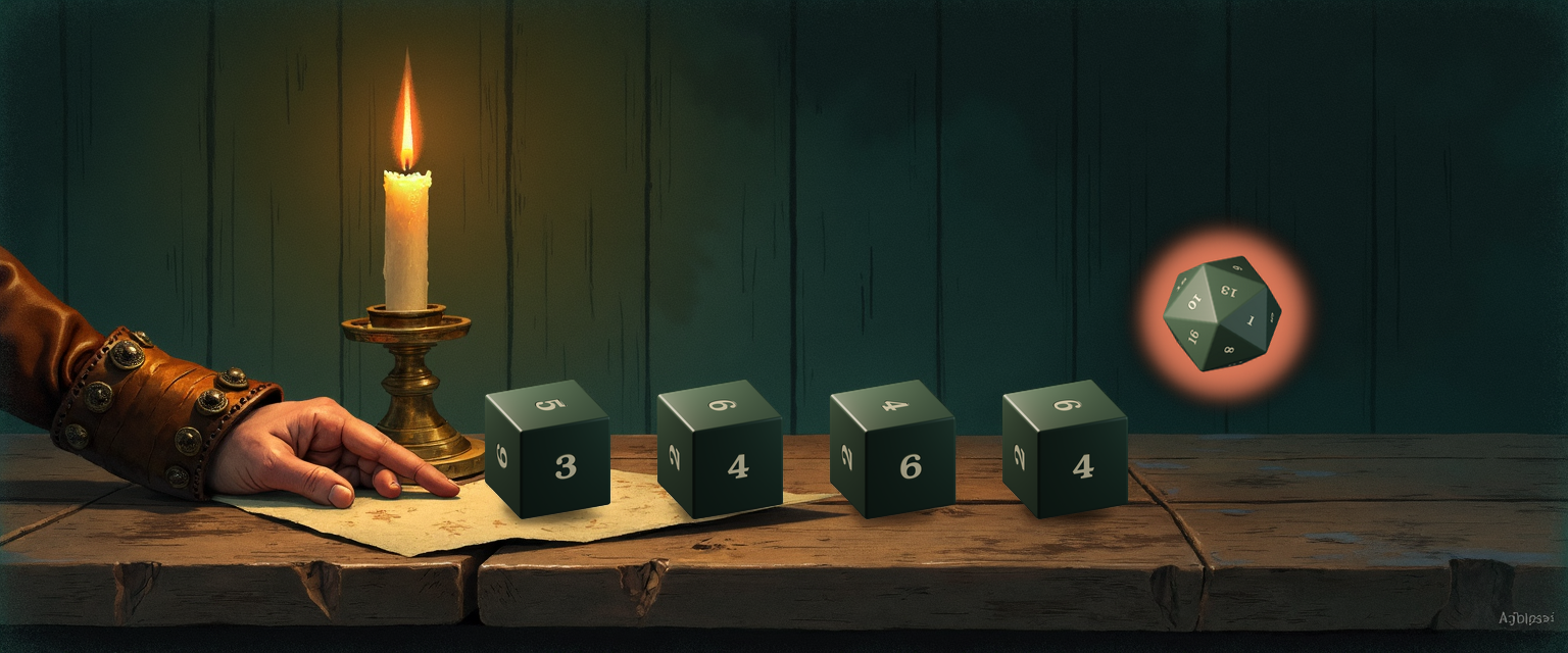 A candlelit tavern table reading left-to-right: an adventurer's bracered hand at the far left resting on a piece of parchment, a single brass candlestick with one warm flame, a row of four settled forest-green d6 cubes showing rolled spell-damage values 5, 6, 4, and 6, and a single d20 tumbling mid-air to the right with a warm focal halo around it — the save attempt still in question.