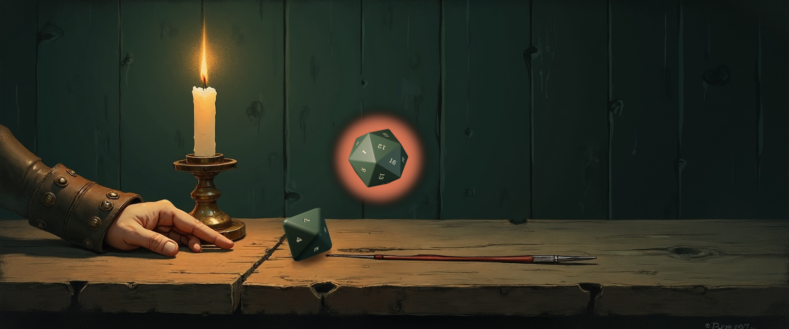 A candlelit tavern table reading left-to-right: an adventurer's bracered hand at the far left, a single brass candlestick, one settled forest-green d8 octahedron showing 7 — solid Longbow damage — beside a fletched arrow lying flat on the wood, and a single d20 tumbling mid-air to the right with a warm focal halo around it showing 12 — the Sharpshooter −5 to-hit attempt still in question.