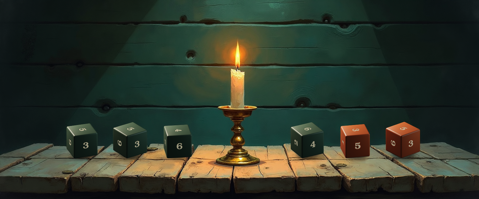 A candlelit tavern table with a single brass candlestick centered between two settled dice clusters of three d6 each. The left cluster is three forest-green d6 cubes showing 5, 5, and 4 on top — 3d6 mono slashing, totaling 14. The right cluster is one forest-green d6 showing 6 and two warm orange-red d6 cubes showing 3 and 5 on top — slashing plus fire, also totaling 14. Same dice count, same total damage, different damage-type distribution.