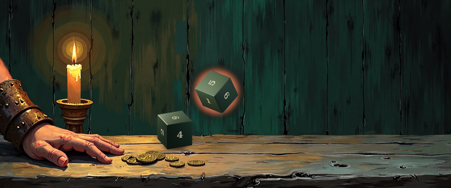 A candlelit tavern table strewn with a small spill of brass coins: an adventurer's bracered hand rests beside a settled forest-green d6 cube showing 4 on its top face, while a second d6 tumbles in mid-air with a warm focal halo around it — the high-variance roll still in question.