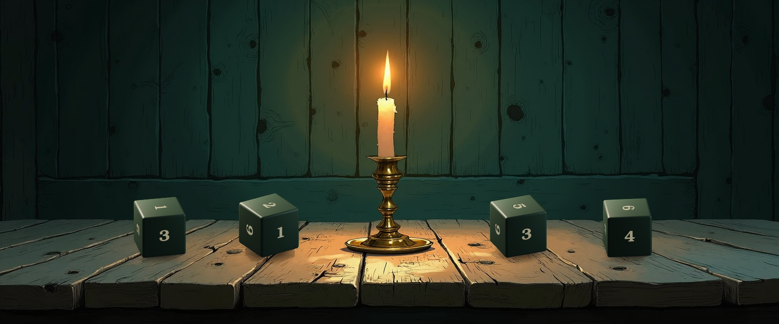 A candlelit tavern table with a single brass candlestick centered between four settled forest-green d6 cubes — two on the left showing 1 and 2 on top, two on the right showing 5 and 6. The four rolls average exactly to 4 × E[1d6] = 14, but the visible spread from 1 to 6 IS the variance: the rolls scatter across the full range even when the average is right on target.
