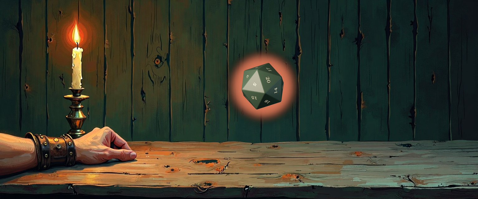 A weathered wooden tavern table lit by a single tall candle with a vigorous warm flame: an adventurer's bracered hand grips the table edge, knuckles white and fingers pressed into the wood, while a single forest-green d20 tumbles airborne above the table with a warm focal halo and the natural-20 face dominating the read — the breath-held pause before the swing.
