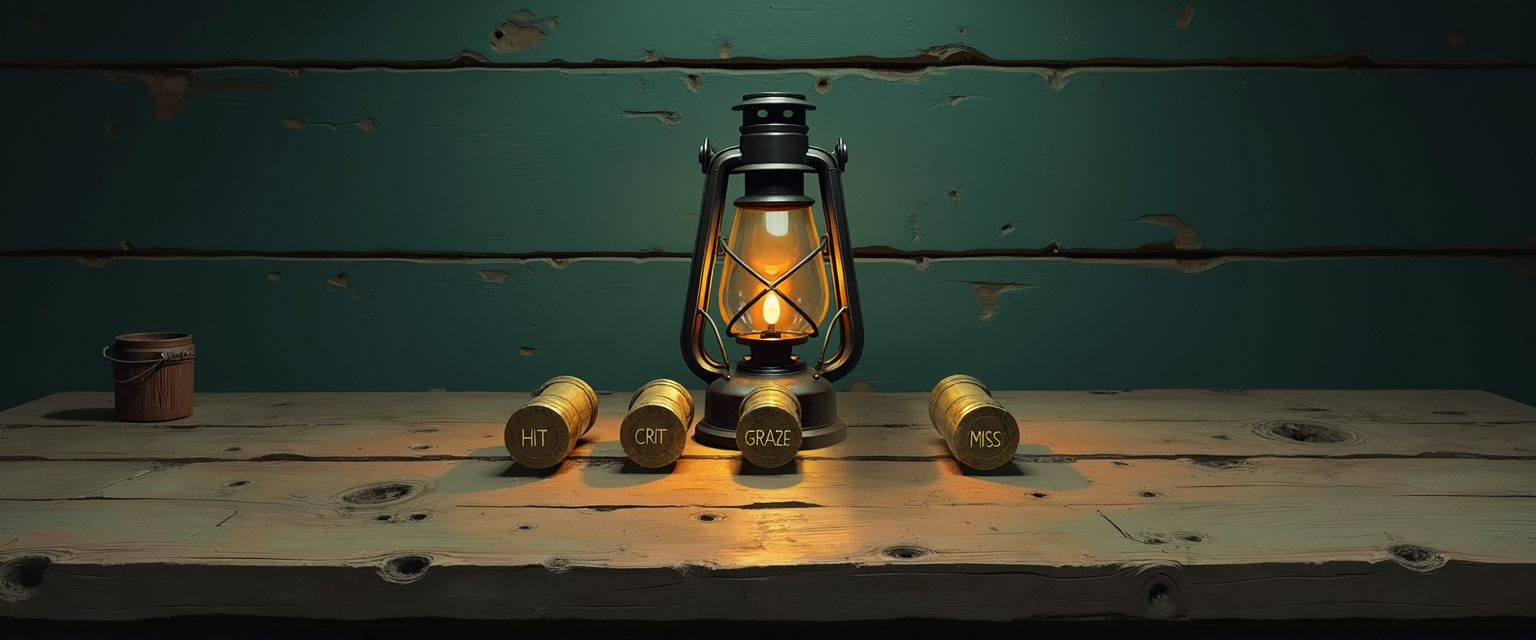 A worn wooden tabletop in a resistance-hideout safehouse with a single hooded brass-and-iron oil lantern centered as the only light source. Four spent rifle brass shell casings lie on the table, two on each side of the lantern, each engraved in pale gold lettering — HIT, CRIT, GRAZE, MISS — the four outcomes of an XCOM 2 shot laid out as evidence after action. Same painted-tavern grammar as the D&D pillars, swapped for resistance-fighter props: the casings replace dice, the lantern replaces the candle, the outcome split is the same four-way decision.