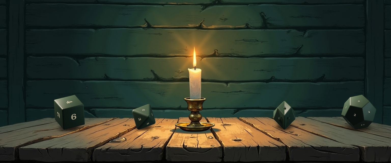 A worn wooden tavern tabletop with a single brass candlestick and warm-flamed candle centered behind a row of four settled forest-green polyhedral dice — a six-sided cube, an eight-sided octahedron, a ten-sided pentagonal trapezohedron, and a twelve-sided dodecahedron — the BG3 weapon damage palette laid out in comparison: every weapon a different distribution shape, every die a different silhouette, all settled and ready before the encounter. Same painted-tavern grammar as the D&D pillars.
