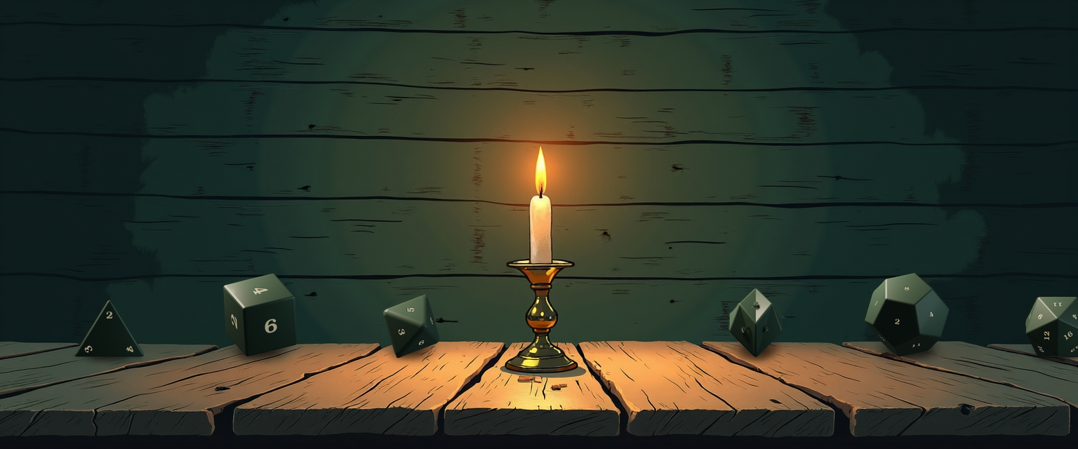 A worn wooden tavern tabletop with a single brass candlestick and warm-flamed candle centered behind the complete polyhedral set — six settled forest-green dice flanking the candle, the d4 spell die and d6/d8/d10/d12 weapon dice and the d20 question die — laid out as the full D&D math palette: every shape, every distribution, every kind of recurring 5e damage question, all answered by the same engine. Same painted-tavern grammar as every other D&D pillar.