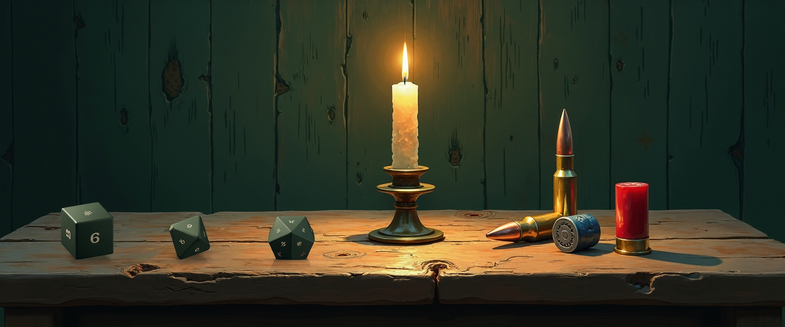 A worn wooden tavern tabletop with a single brass candlestick and warm-flamed candle centered, splitting the table into two halves: on the left, a small cluster of forest-green polyhedral dice (the D&D 5e and Baldur's Gate 3 pillars); on the right, a small cluster of unfired brass cartridges (the XCOM 2 pillar). Two genres of damage math, one engine — the same painted-tavern grammar as every per-game pillar, here as the unifying hub.