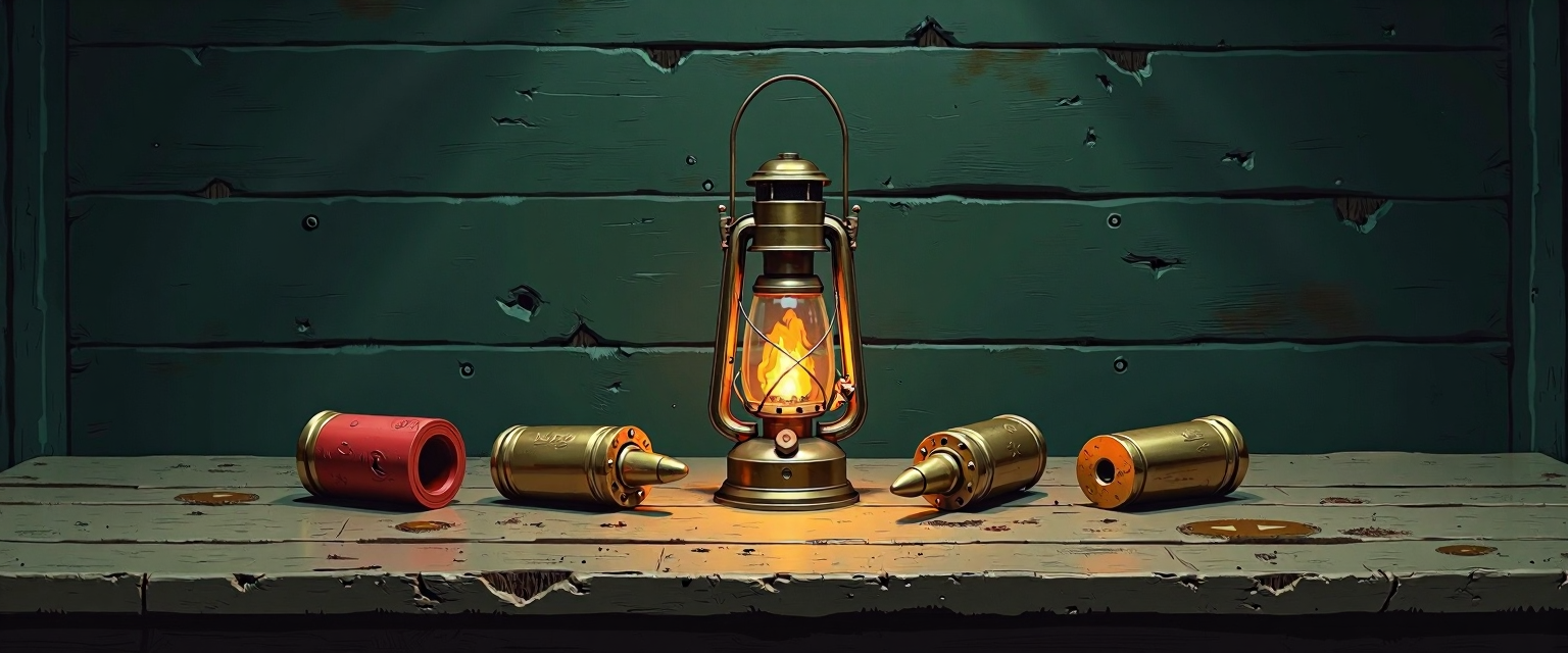 A worn wooden tabletop in a resistance-hideout safehouse with a single hooded brass-and-iron oil lantern centered as the only light source. Four unfired ammunition cartridges of distinctly different silhouettes are laid out in a row across the table — a squat red shotgun shell, a stubby brass rifle round with a copper bullet, a longer brass sniper magnum, and a fourth cartridge — the arsenal before action. Same painted-tavern grammar as the D&D pillars, swapped for resistance-fighter props: every weapon a different damage profile.